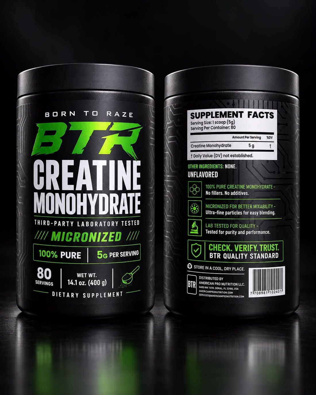 BTR Creatine Monohydrate front and back label